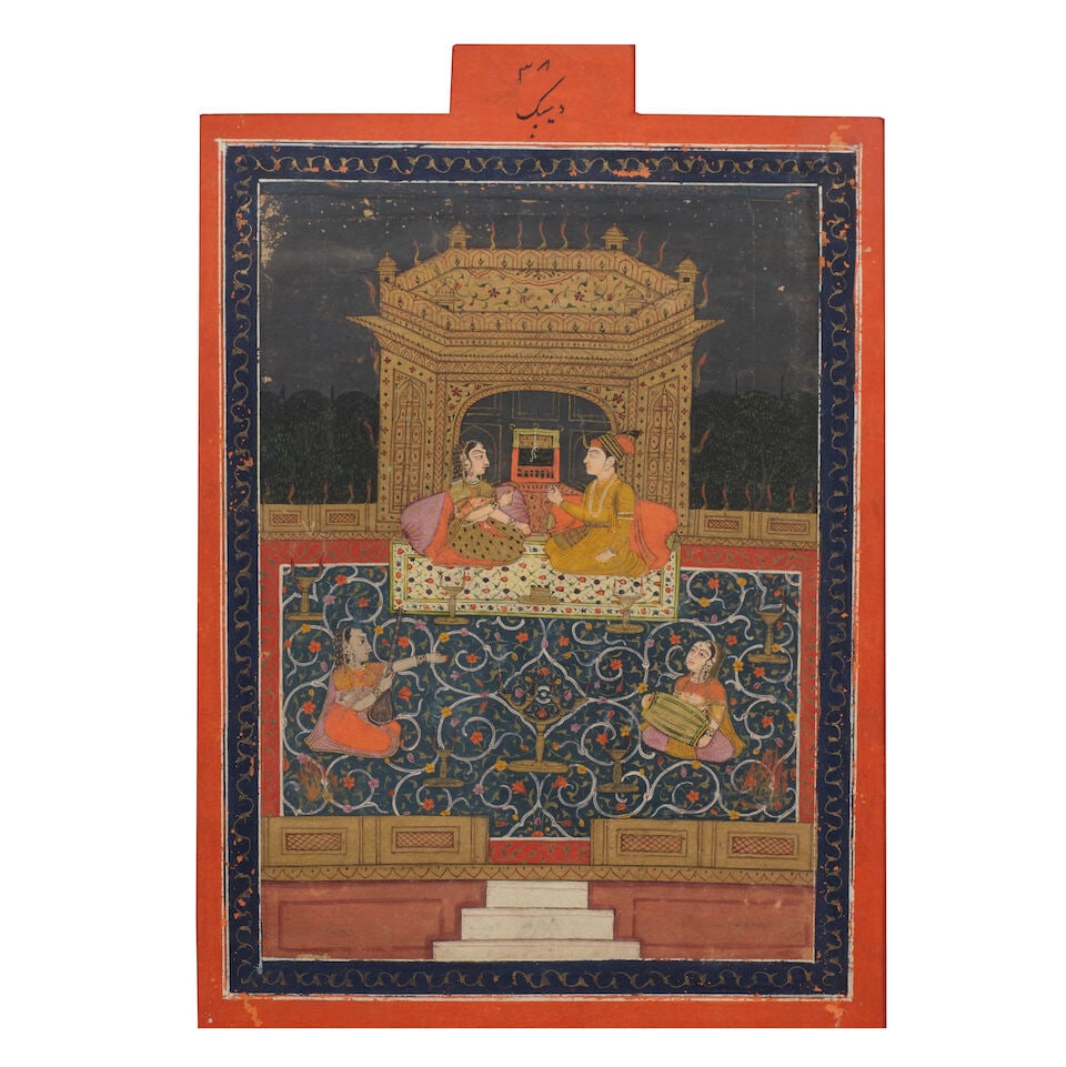 A prince and a maiden seated in a pavilion with female musicians, illustrating Dipak Raga Provin... (1 of 3)