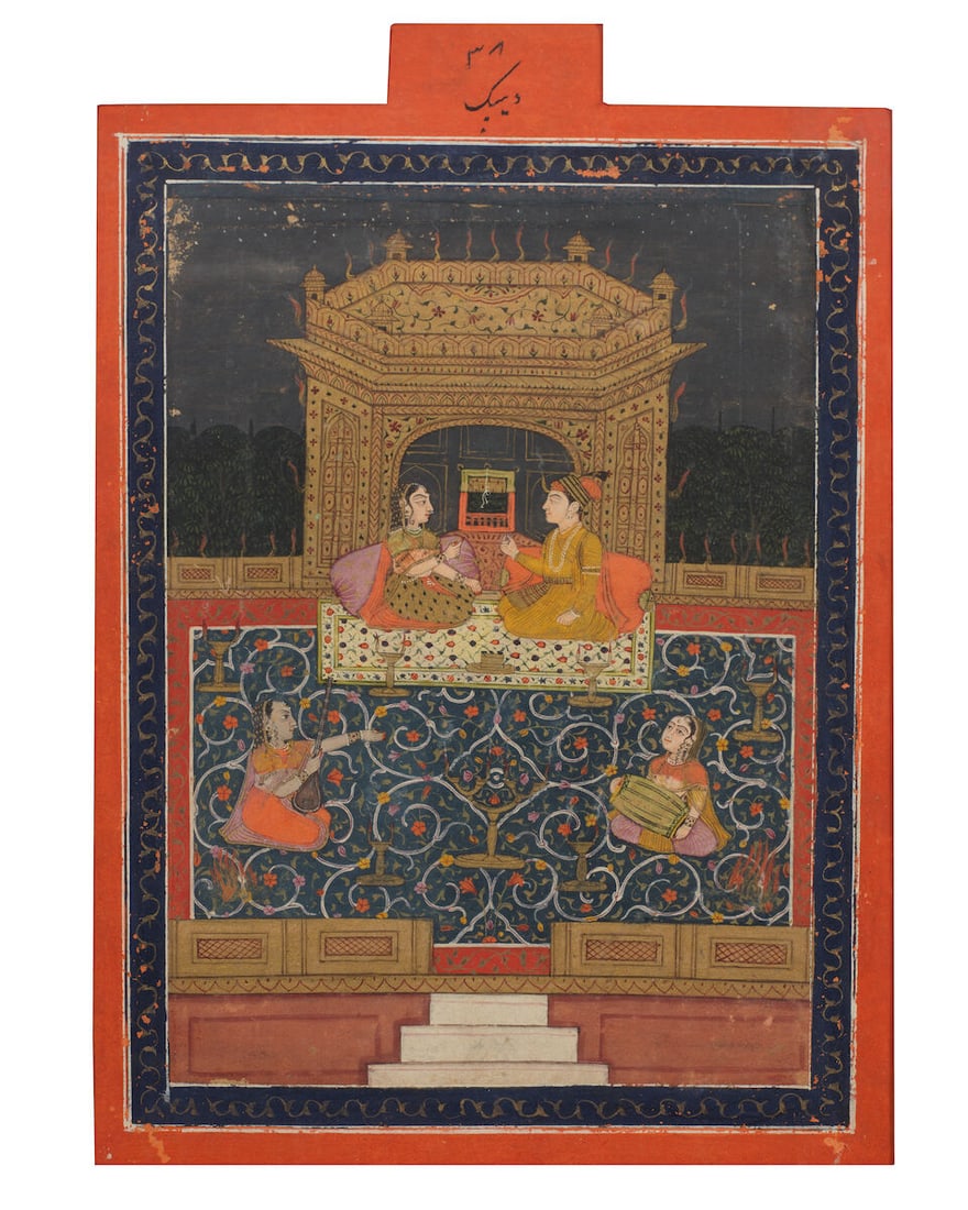A prince and a maiden seated in a pavilion with female musicians, illustrating Dipak Raga Provin... - 3