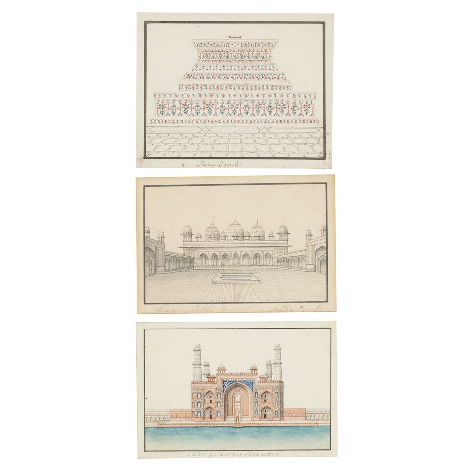Three small views of monuments, depicting the tomb of Shah Jahan, the Moti Masjid in the Fort at... (1 of 4)