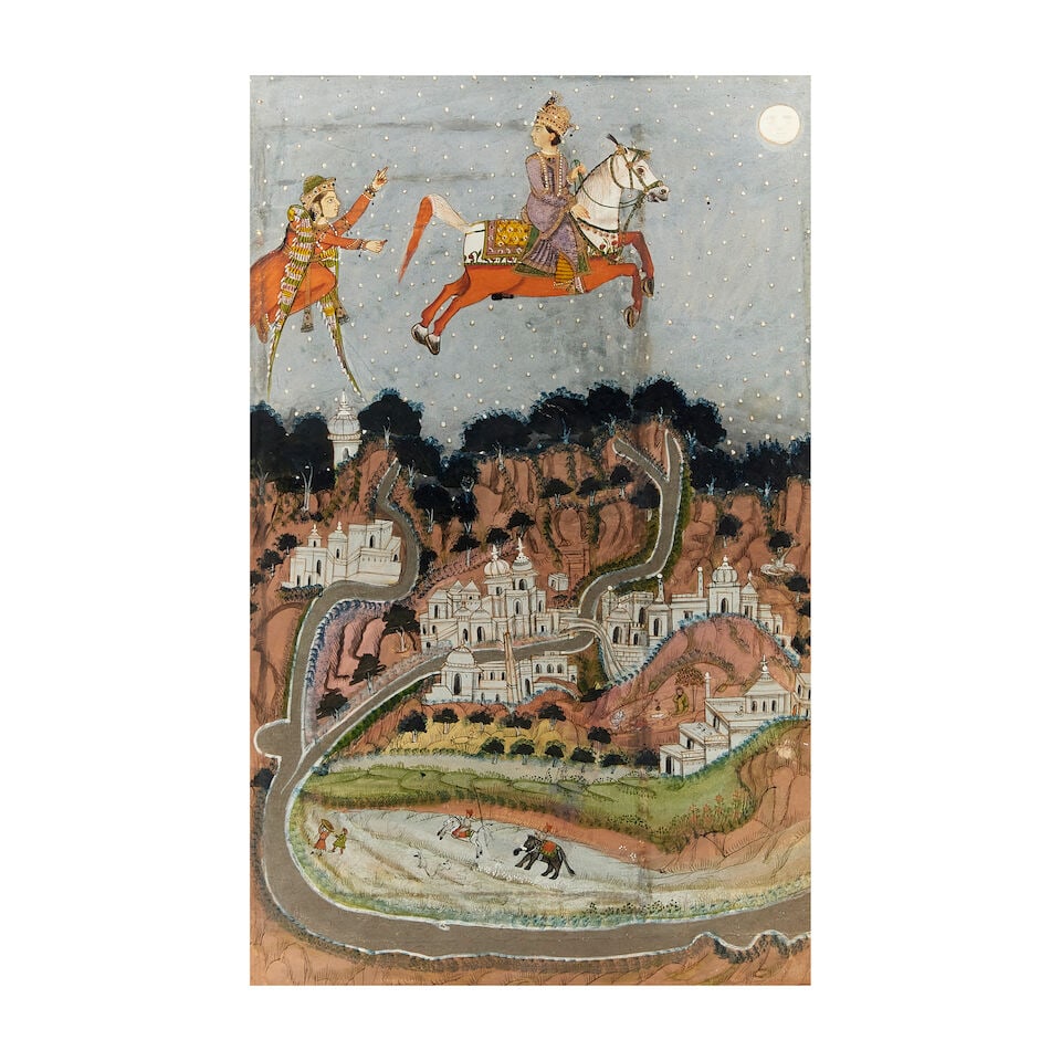A scene from a romance, depicting a prince flying through the air on horseback, pursued by a win... (1 of 3)