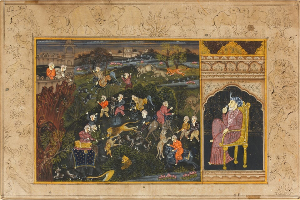 Seven modern paintings in Mughal style, depicting Akbar II in durbar, hunting scenes, and aristo... - 2