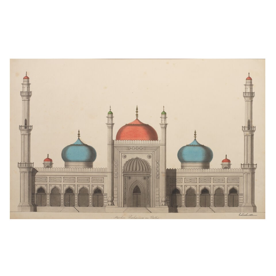 Two large watercolours depicting the Jama Masjid in Delhi and a Hindu temple E. Krah [?] (German... (1 of 2)