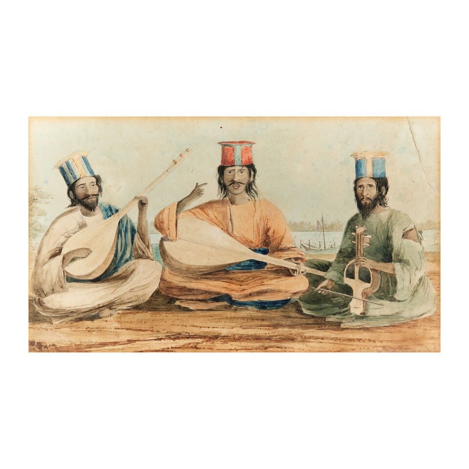 Three musicians seated by a river bank European School in India, at Hyderabad, dated 1842 (1 of 2)