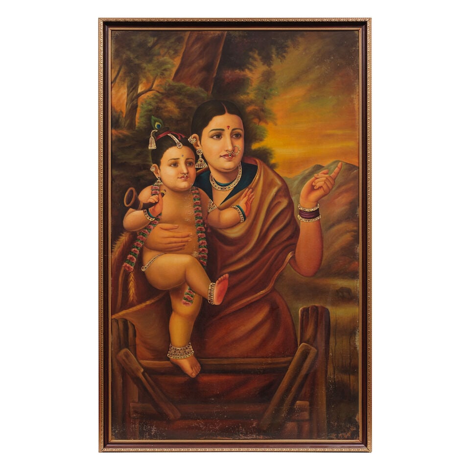 A large oil painting in the manner of Ravi Varma depicting Krishna with Yashoda India, 20th Century (1 of 2)
