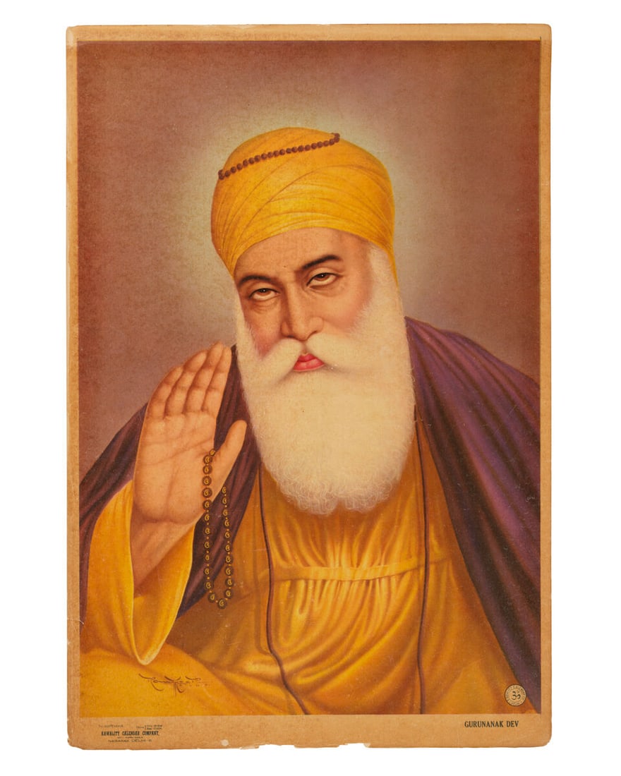 Guru Nanak with his hand raised in blessing Kawality Calendar Company, Delhi, circa 1950-60 (1 of 2)