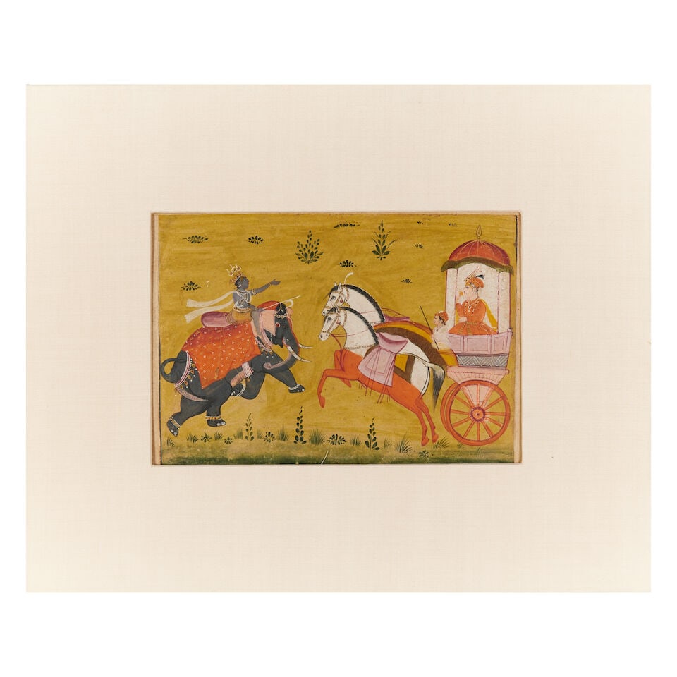 Krishna riding on an elephant, confronting a nobleman in a chariot Rajasthan, late 18th/early 19... (1 of 2)