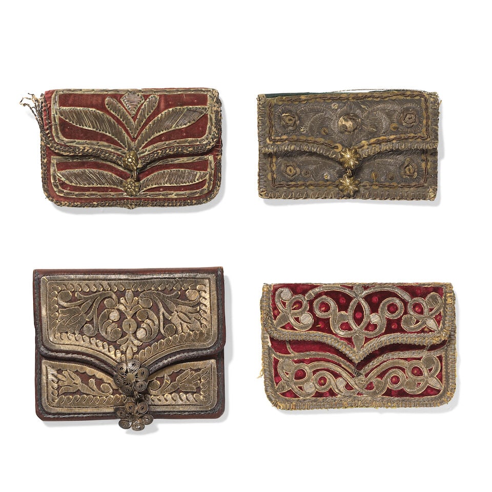 A group of four Ottoman metal-thread embroidered leather purses Turkey, 18th/ 19th Century(4) (1 of 3)