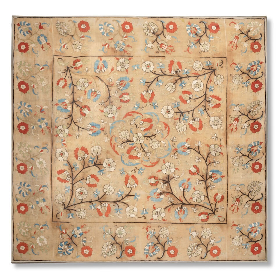 An Ottoman silk-embroidered linen panel Turkey, first half of the 18th Century (1 of 2)
