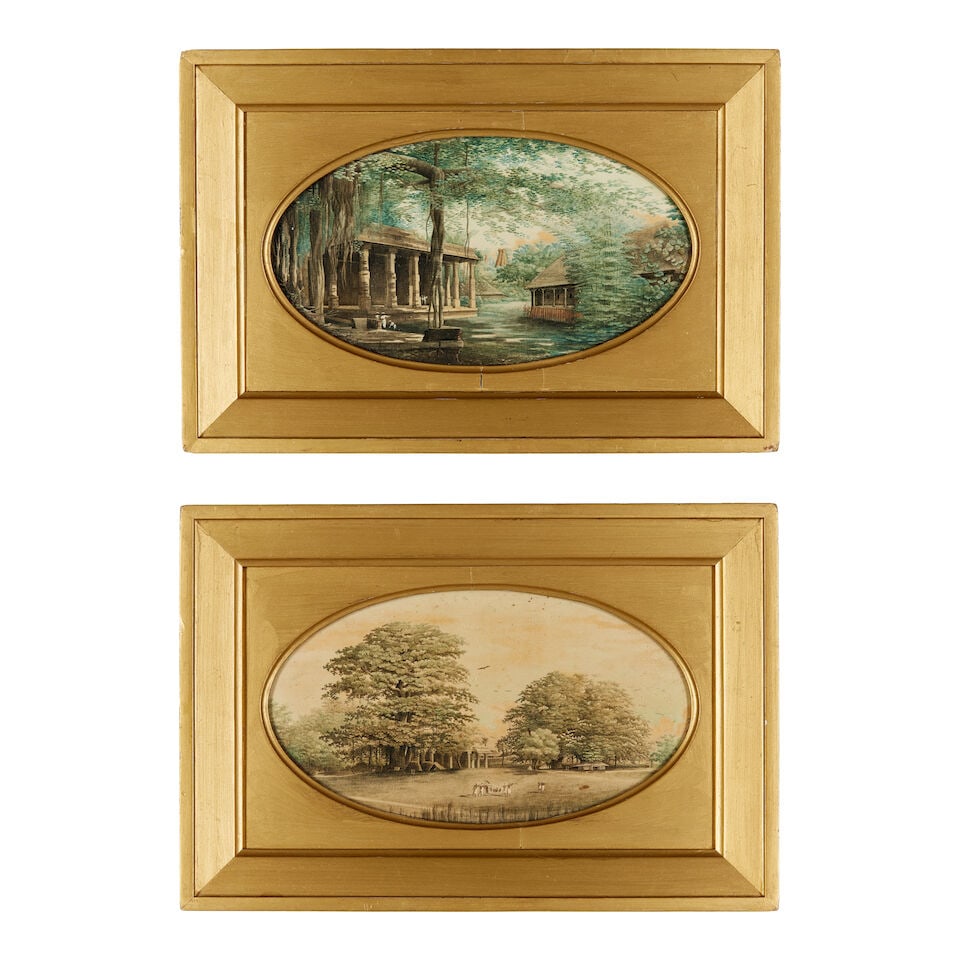 Two views, depicting Hindu temples, and a palanquin carried through a wooded landscape European ... (1 of 1)