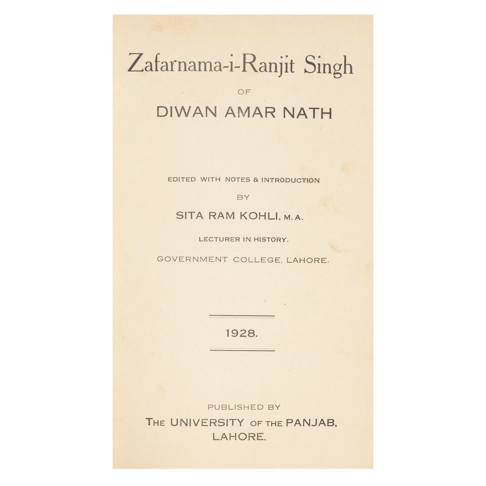 Zafarnama-i-Ranjit Singh, by Diwan Amar Nath, edited by Sita Ram Kohli University of the Panjab,... (1 of 1)