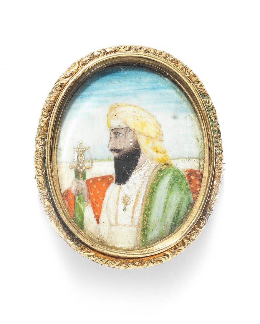 Two paintings on ivory, depicting Maharani Jindan Kaur, and a Sikh nobleman North India, circa 1...: Two paintings on ivory, depicting Maharani Jindan Kaur, and a Sikh nobleman North India, circa 1850-60 gouache on ivory, ovals, the first mounted and in a European gilded wood frame, the second in gol