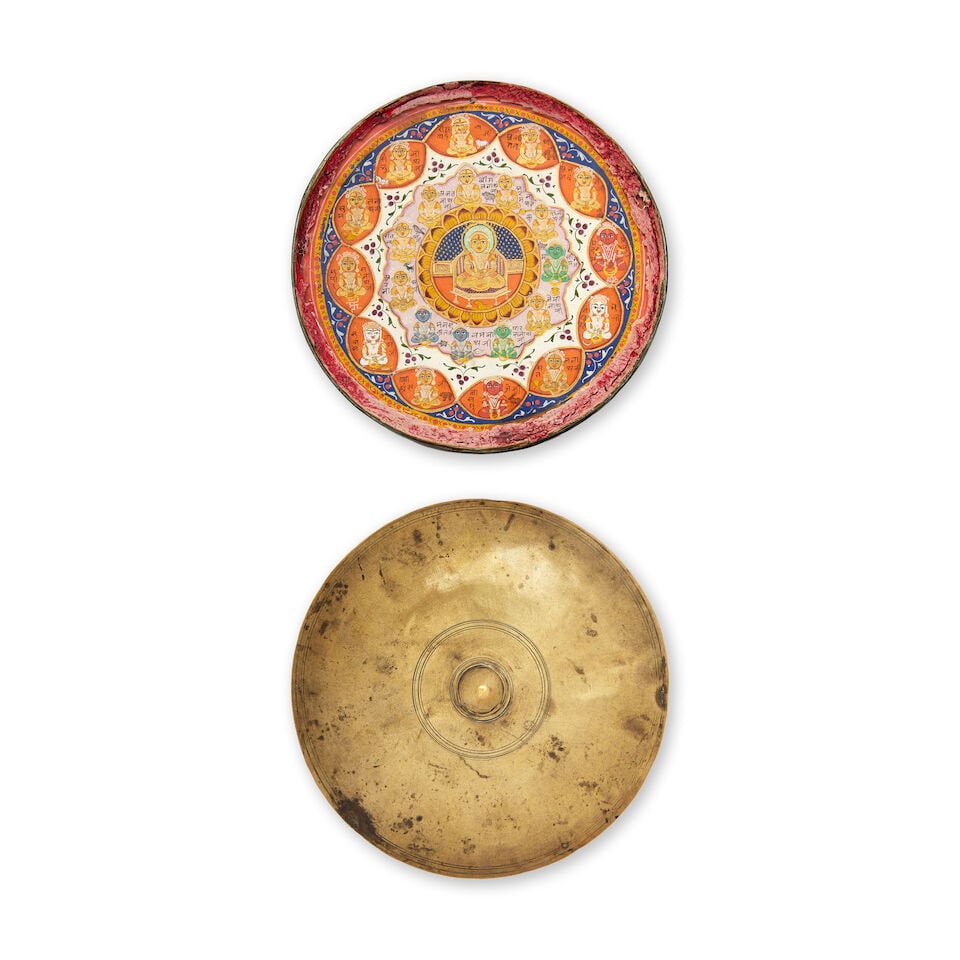 A circular Jain devotional diagram, depicting a siddhachakra, or circle of Jinas, in a metal cas... (1 of 1)