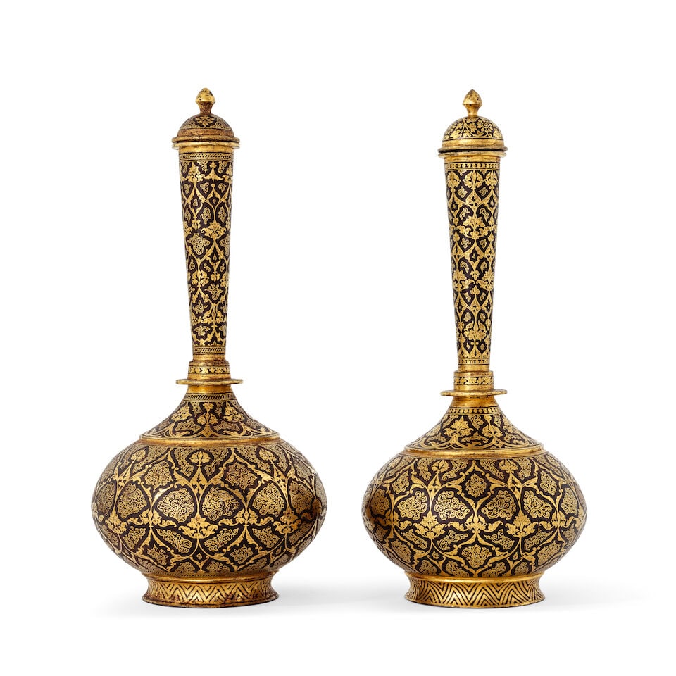 Two Sialkhot gold koftgari steel bottles (surahi) North India, 19th Century - 2