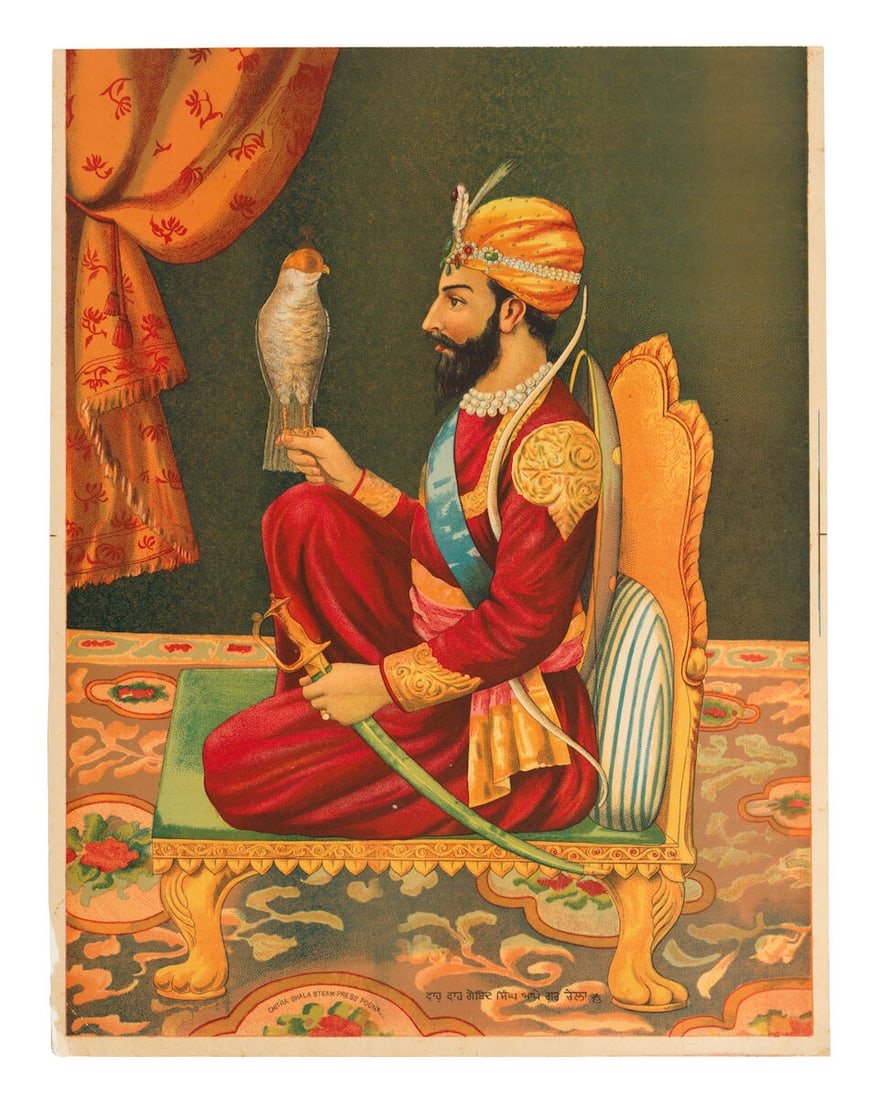 Guru Gobind Singh seated with a falcon Chitra Shala Steam Press, Poona, circa 1900: Guru Gobind Singh seated with a falcon Chitra Shala Steam Press, Poona, circa 1900 oleograph on paper laid down on card, caption in gurmukhi script, inscribed Chitra Shala Steam Press Poona lower cent
