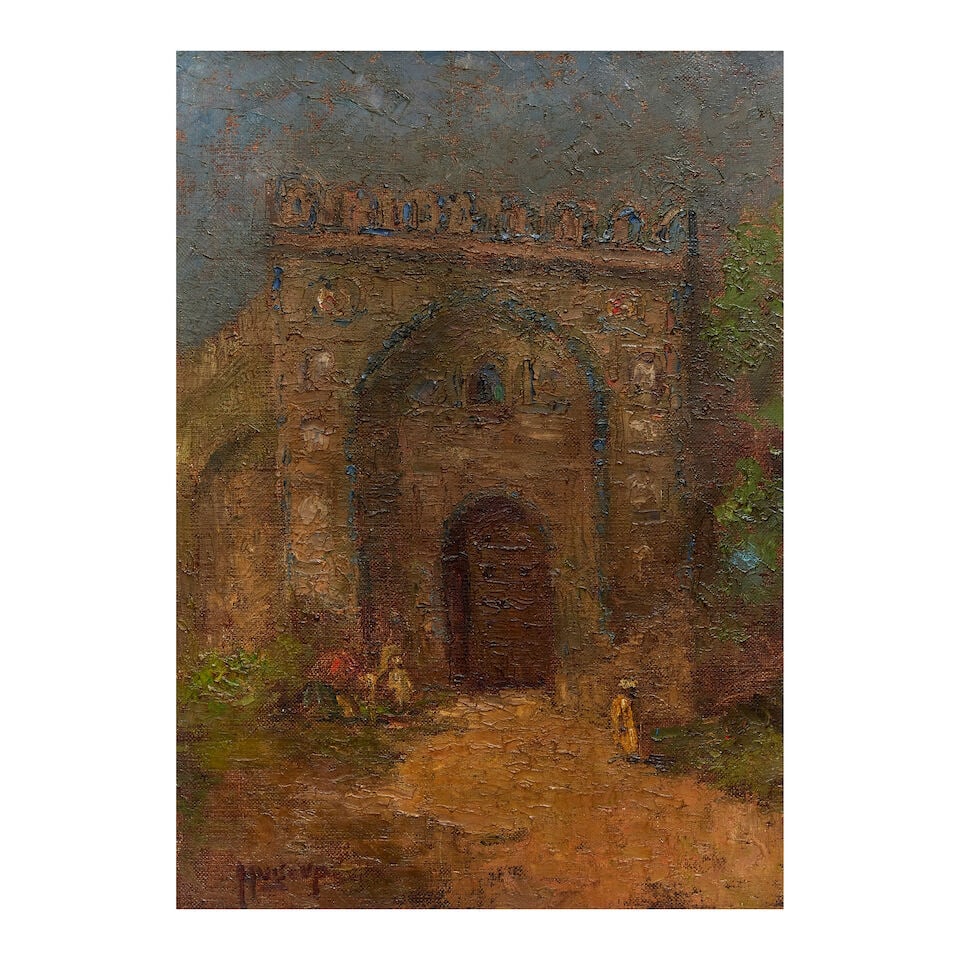 Arabs at a gateway near the Qutb Minar, Delhi Hugo Vilfred Pedersen (Danish, 1870-1959): Arabs at a gateway near the Qutb Minar, Delhi Hugo Vilfred Pedersen (Danish, 1870-1959) oil on canvas, signed Hugovp lower left, stretcher with title in Danish 62 x 44.5 cm. This lot is subject to