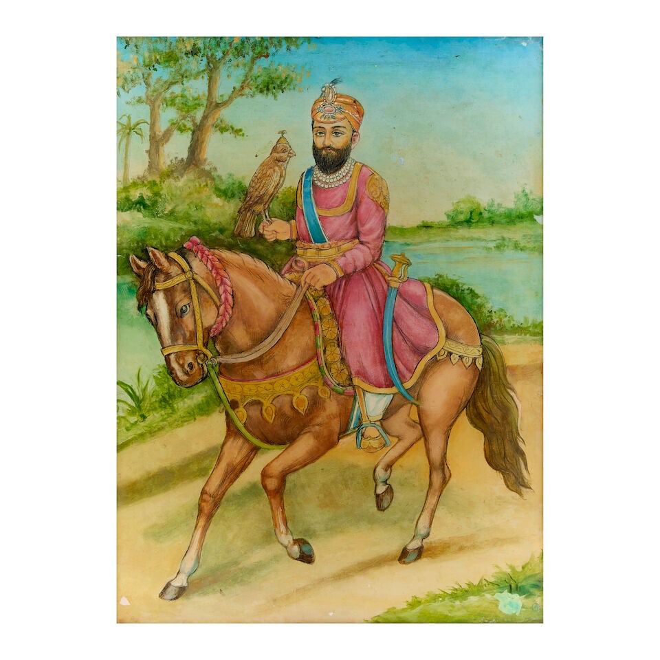 A reverse glass painting depicting Guru Gobind Singh on horseback North India, early 20th Century (1 of 3)