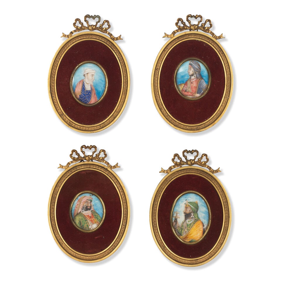 Four portraits on ivory depicting notables of the Sikh court Punjab, probably Lahore, circa 1840(4): Four portraits on ivory depicting notables of the Sikh court Punjab, probably Lahore, circa 1840 gouache and gold ivory, ovals, in European velvet mounts and bronze oval frames with stylised swags at 