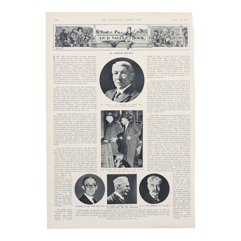 A page from The Illustrated London News with photographs and text relating to the assassination ...: A page from The Illustrated London News with photographs and text relating to the assassination of Sir Michael O'Dwyer, former Lieutenant-Governor of the Punjab, and the assassin, Udham Singh London, 