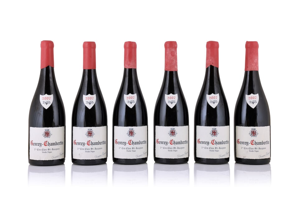 Domaine Fourrier, Gevrey-Chambertin 1er Cru Clos St-Jacques Vieille Vigne, 2007 (6 x 750ml): Domaine Fourrier, Gevrey-Chambertin 1er Cru Clos St-Jacques Vieille Vigne, 2007 (6 x 750ml) Region: Côte de Nuits Capsule: slightly damp-affected & faded wax seals Label: 3 marked & 1