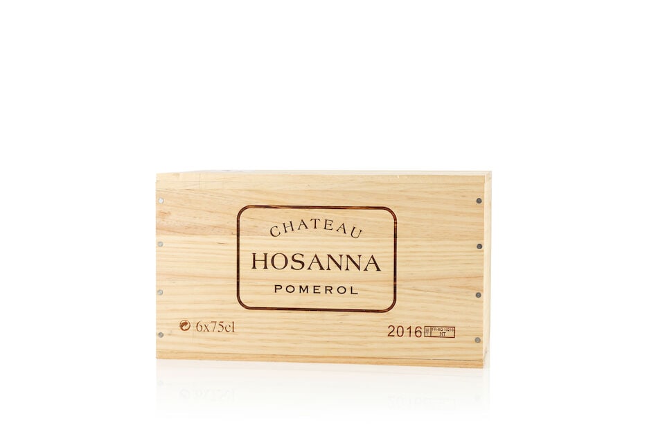 Château Hosanna, 2016 (6 x 750ml): Château Hosanna, 2016 (6 x 750ml) Region: Pomerol Packaging: original wooden case This lot is subject to the following lot symbols: Δ Δ VAT at the prevailing rate on Hammer Price and