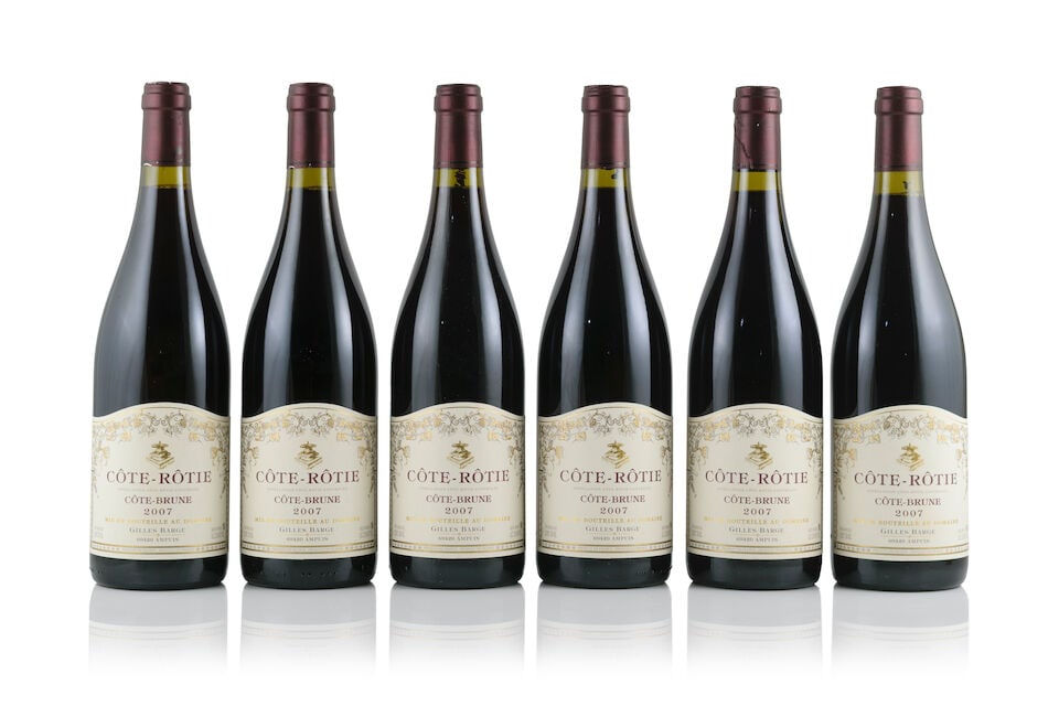 Domaine Gilles Barge, Côte-Rôtie Côte Brune, 2007 (6 x 750ml): Domaine Gilles Barge, Côte-Rôtie Côte Brune, 2007 (6 x 750ml) Region: Rhône Valley Capsule: 3 lightly corroded capsules Packaging: original carton This lot is subject to the