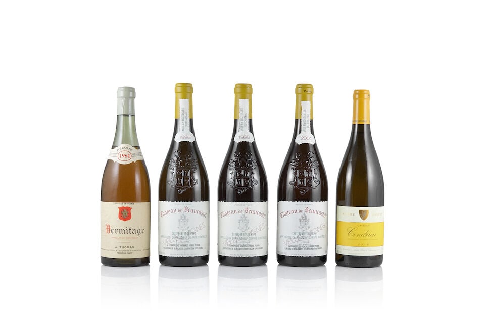 A. Thomas, Hermitage Blanc Grande Reserve, 1961 (1 x 750ml) Château de Beaucastel, Châ...: A. Thomas, Hermitage Blanc Grande Reserve, 1961 (1 x 750ml) Region: Rhône Valley Fill Level: 5cms Label: lightly damp-affected & creased Château de Beaucastel, Châteauneuf du Pape Vieil