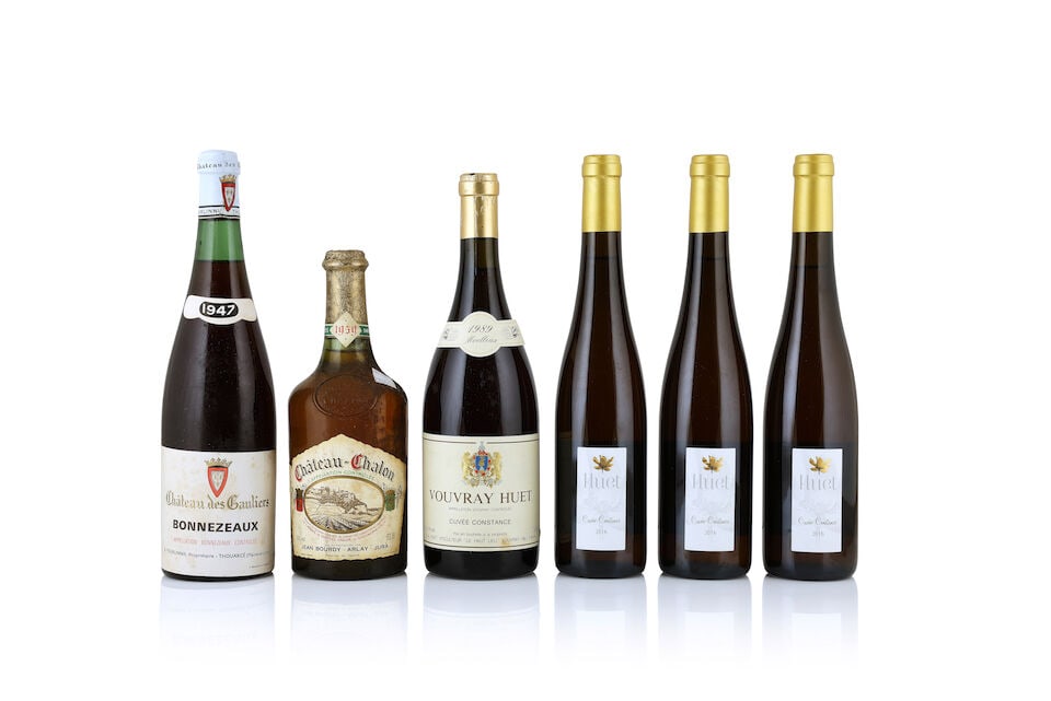 Château des Gauliers, Bonnezeaux, 1947 (1 x 750ml) Jean Bourdy, Château Chalon, 1959 ...: Château des Gauliers, Bonnezeaux, 1947 (1 x 750ml) Label: damp-stained Jean Bourdy, Château Chalon, 1959 (1 x 620ml) Label: stained Huet, Vouvray Cuvée Constance Moulleux, 1989 (1 x 750