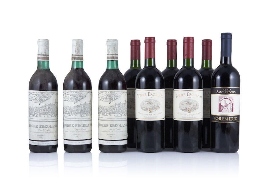 Torre Ercolana, 1978 (3 x 750ml) Torre Ercolana, 1990 (5 x 750ml) Tenuta San Isidoro, Soremidi...: Torre Ercolana, 1978 (3 x 750ml) Capsule: bin-soiled, worn & creased capsules Label: badly bin-soiled & damp-affected labels Torre Ercolana, 1990 (5 x 750ml) Label: lightly bin-soiled labels Tenuta Sa