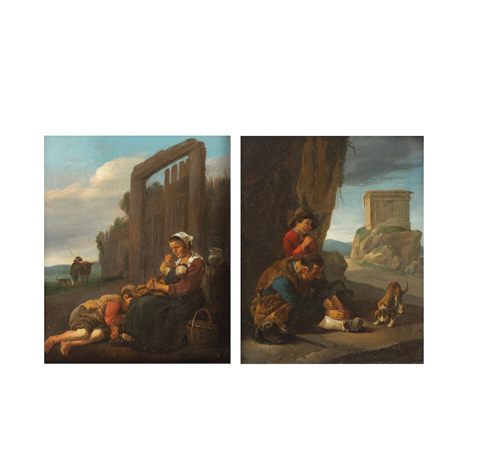 Johannes Lingelbach (Frankfurt 1622-1674 Amsterdam) Two figures resting before a ruin on a rocky...: Johannes Lingelbach (Frankfurt 1622-1674 Amsterdam) Two figures resting before a ruin on a rocky outcrop; and A woman with her family resting before a gate the former signed with initials 'iL' (in lig