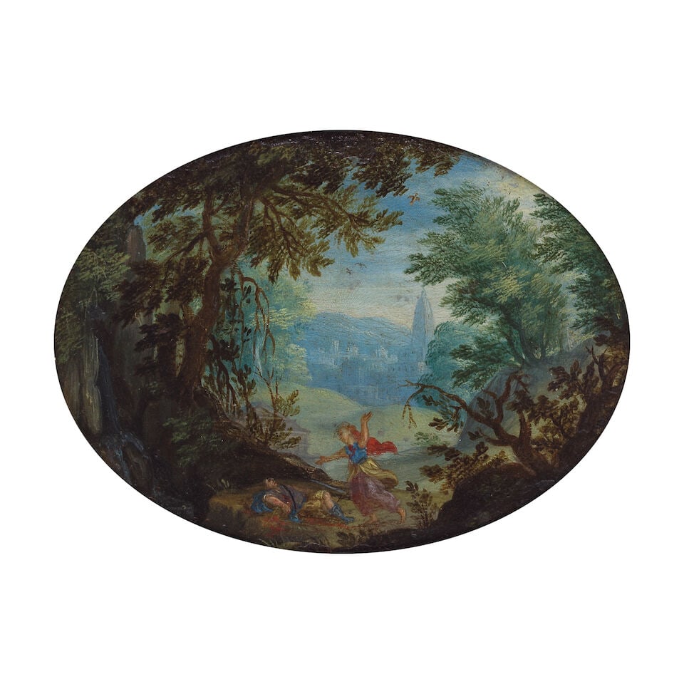 Attributed to Jasper van der Laanen (Antwerp circa 1592-1626) Pyramus and Thisbe framed: 15 x 17cm: Attributed to Jasper van der Laanen (Antwerp circa 1592-1626) Pyramus and Thisbe oil on copper, oval 5.6 x 8.3cm (2 3/16 x 3 1/4in). framed: 15 x 17cm Footnotes: Provenance In the present owner's