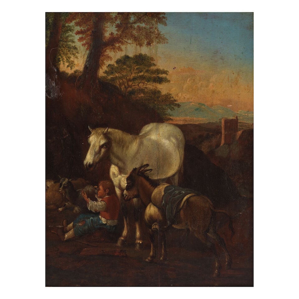 Dutch School, 18th Century A young boy seated before a landscape, with a horse, donkey and goats... (1 of 3)