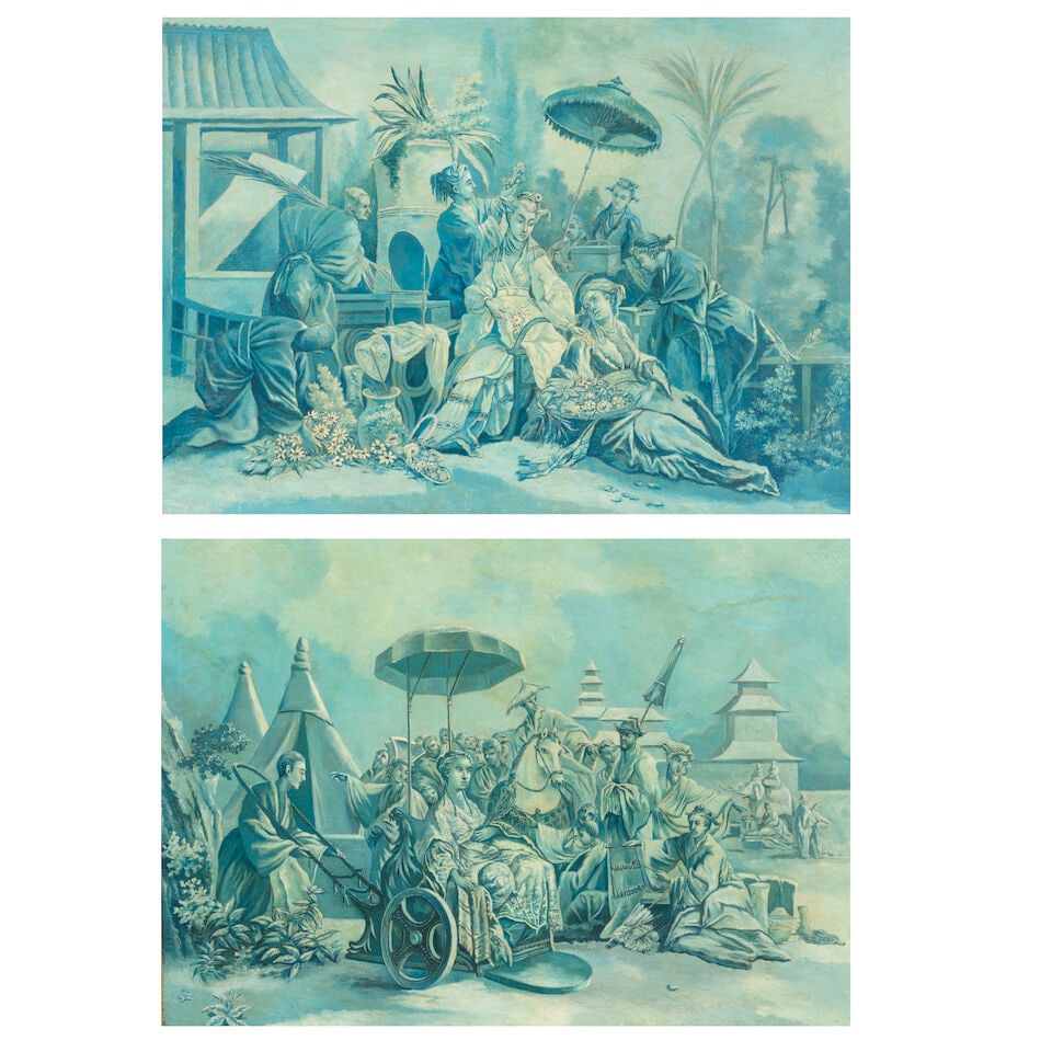 Follower of François Boucher (Paris 1703-1770) Chinoiserie scenes (2) framed: 94 x 123.5cm... (1 of 7)