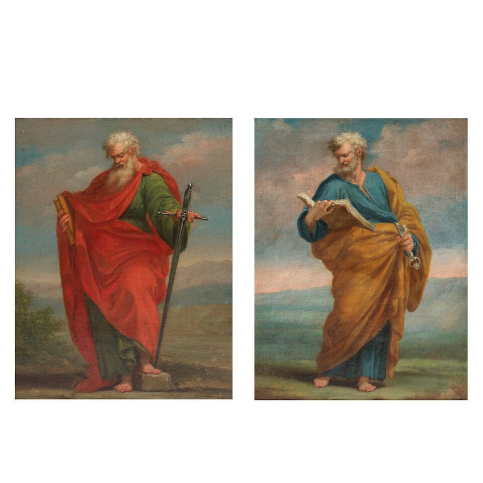 Italian School, 17th-18th Century The Pillars of the Church; Saint Peter and Saint Paul (2)fra...: Italian School, 17th-18th Century The Pillars of the Church; Saint Peter and Saint Paul a pair, oil on canvas 48.1 x 37.8cm (18 15/16 x 14 7/8in). (2) framed: 63 x 53.1cm each Footnotes: Provenance
