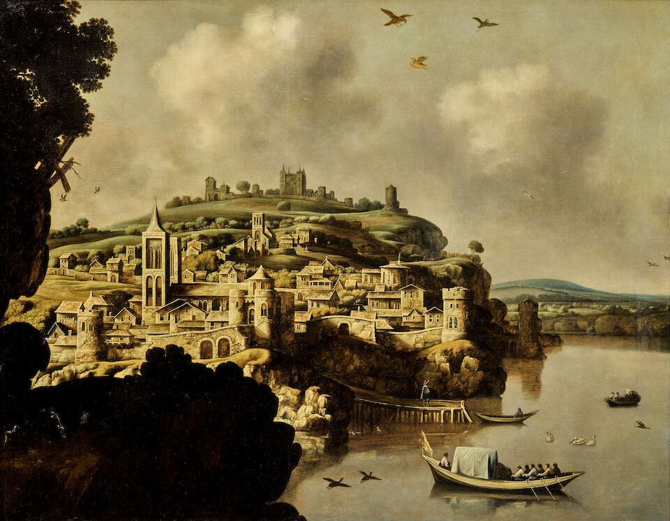 Attributed to Claude de Jongh (Utrecht 1605-1663) An extensive river landscape of a hillside tow...: Attributed to Claude de Jongh (Utrecht 1605-1663) An extensive river landscape of a hillside town, with fishermen and boats in the foreground oil on canvas 125 x 159.2cm (49 3/16 x 62 11/16in). framed