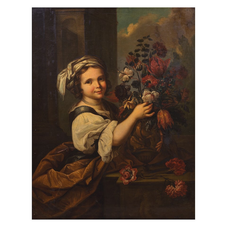 Roman School, late 17th Century A young girl arranging flowers in a vase framed: 142 x 114cm (1 of 3)