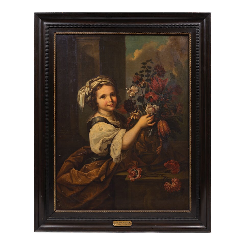 Roman School, late 17th Century A young girl arranging flowers in a vase framed: 142 x 114cm - 3