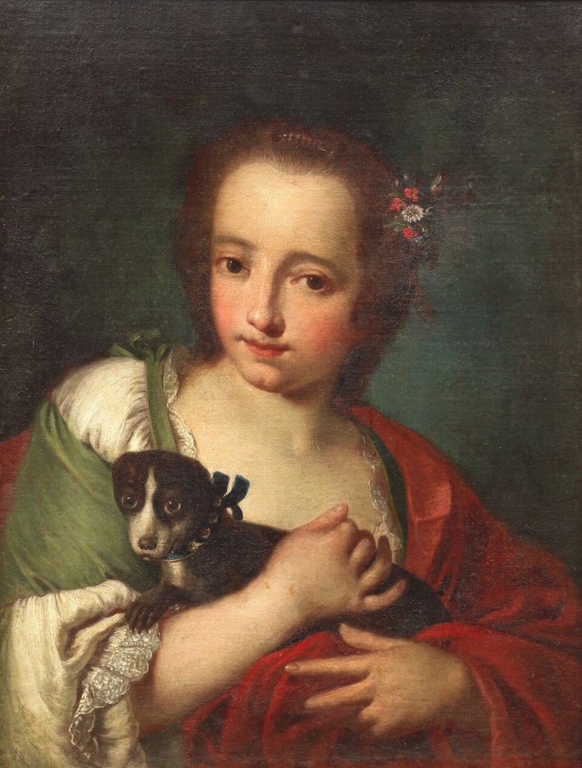 Attributed to Giuseppe Nogari (Venice 1699-1763) Portrait of a young girl with her dog, half-len... (1 of 3)