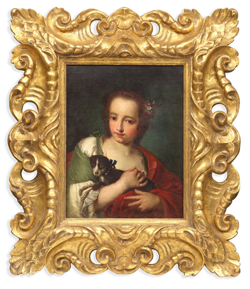 Attributed to Giuseppe Nogari (Venice 1699-1763) Portrait of a young girl with her dog, half-len... - 2