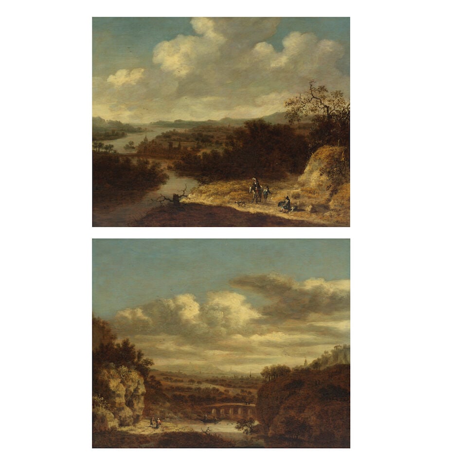 Dionys Verburgh (Rotterdam circa 1655-1722) An extensive river landscape with a horseman and his... (1 of 7)