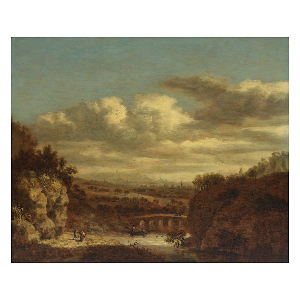 Dionys Verburgh (Rotterdam circa 1655-1722) An extensive river landscape with a horseman and his... - 6