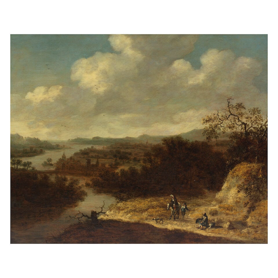 Dionys Verburgh (Rotterdam circa 1655-1722) An extensive river landscape with a horseman and his... - 7