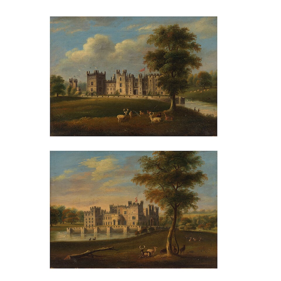 Follower of James Miller (British, active 1773-1791) A view of Raby Castle from the South; and A...: Follower of James Miller (British, active 1773-1791) A view of Raby Castle from the South; and A view of Raby Castle from the West a pair, oil on canvas 20.2 x 28.3cm (7 15/16 x 11 1/8in). (2)