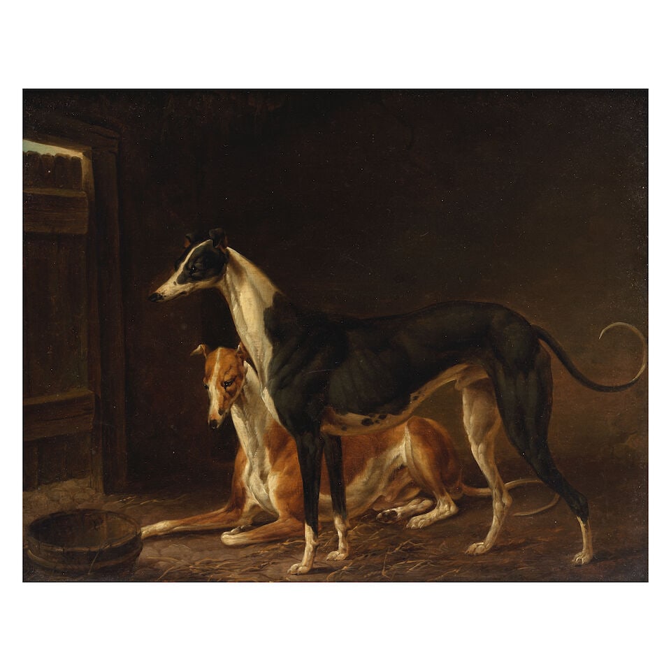 Charles Towne (Wigan 1763-1840 Liverpool) Two greyhounds in a kennel framed: 22.5 x 30.7cm (1 of 3)