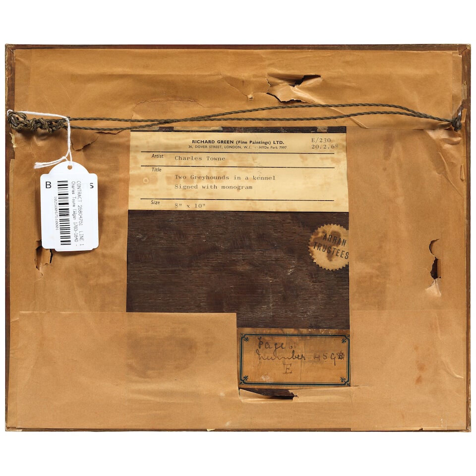 Charles Towne (Wigan 1763-1840 Liverpool) Two greyhounds in a kennel framed: 22.5 x 30.7cm - 2