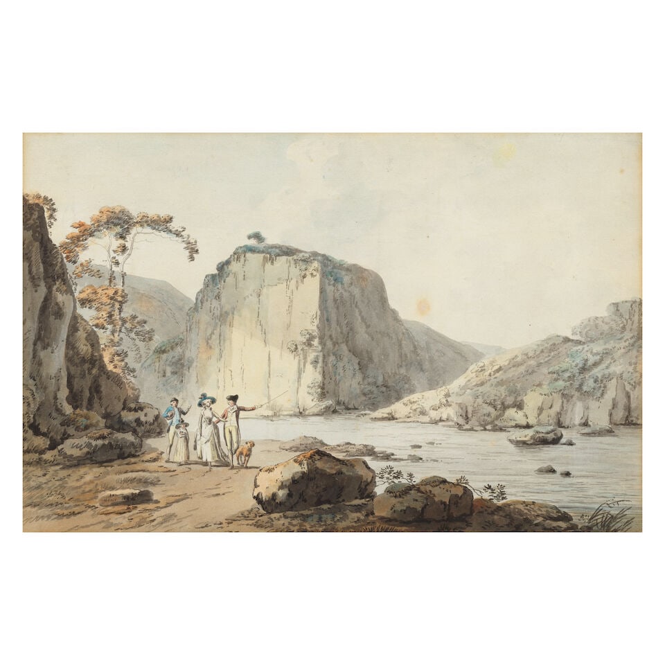 John Rathbone (Cheshire 1750-1807 London) Elegant figures with a dog by a river gorge, probably ... (1 of 3)