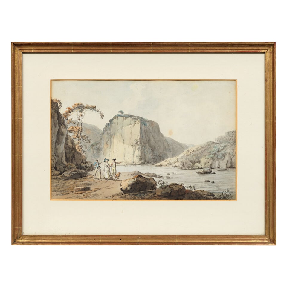 John Rathbone (Cheshire 1750-1807 London) Elegant figures with a dog by a river gorge, probably ... - 3