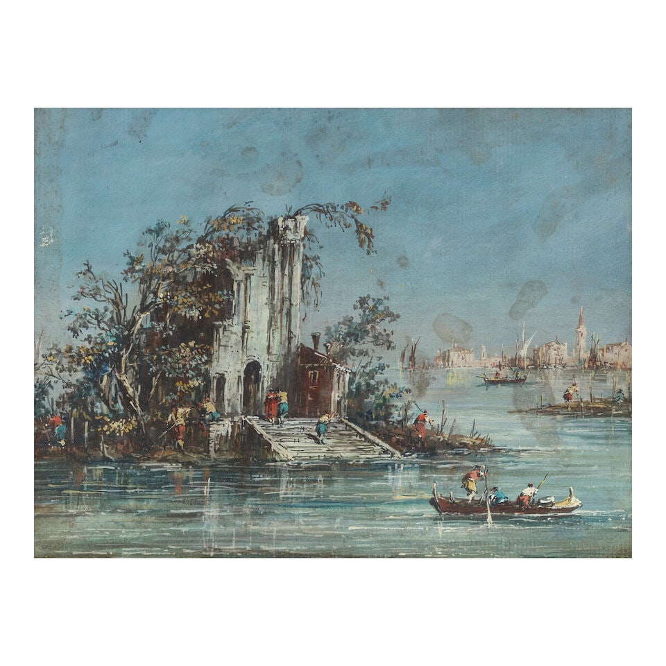 Follower of Giacomo Guardi (Venice 1764-1835) A scene on the Venetian lagoon framed: 45.3 x 51.1cm (1 of 3)