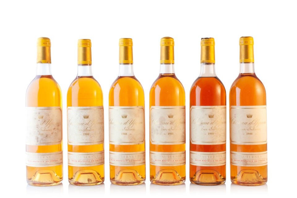 Château d'Yquem, 1988 (6 x 750ml): Château d'Yquem, 1988 (6 x 750ml) Region: Sauternes Fill Level: 3 very top, 1 high shoulder Capsule: 3 corroded capsuels with sigs of old seepage - 1 nicked, 1 torn Label: bin-soiled & badly