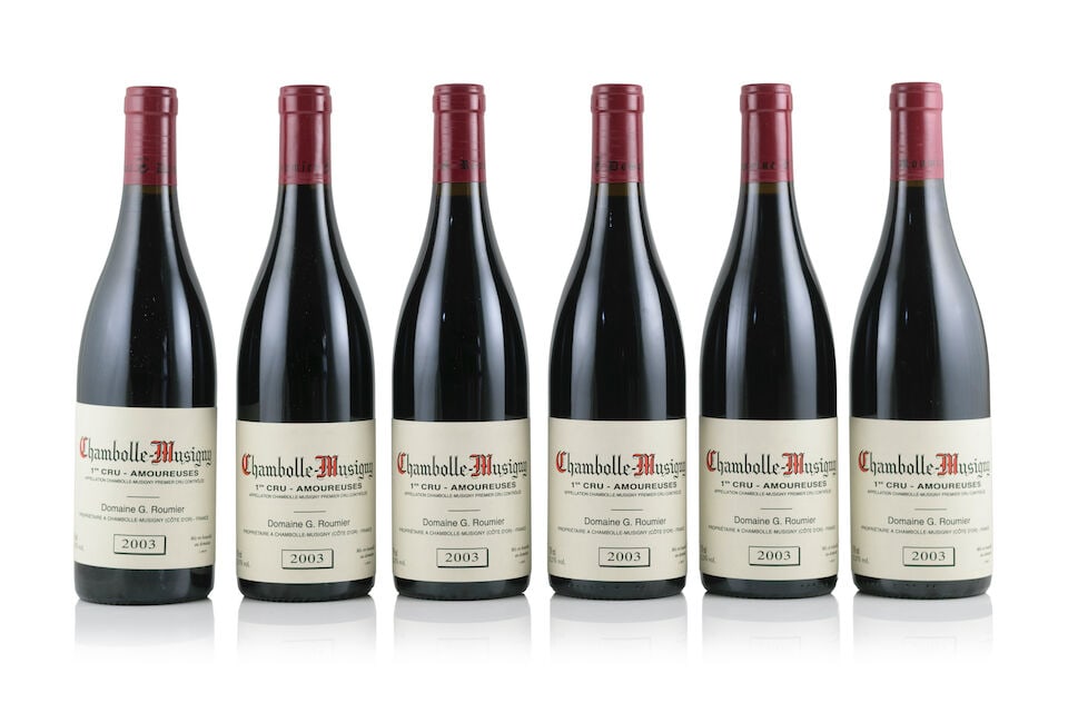 Domaine G. Roumier, Chambolle Musigny 1er Cru Les Amoureuses, 2003 (6 x 750ml): Domaine G. Roumier, Chambolle Musigny 1er Cru Les Amoureuses, 2003 (6 x 750ml) Region: Côte de Nuits Label: 1 misaligned Packaging: original carton This lot is subject to the following lot
