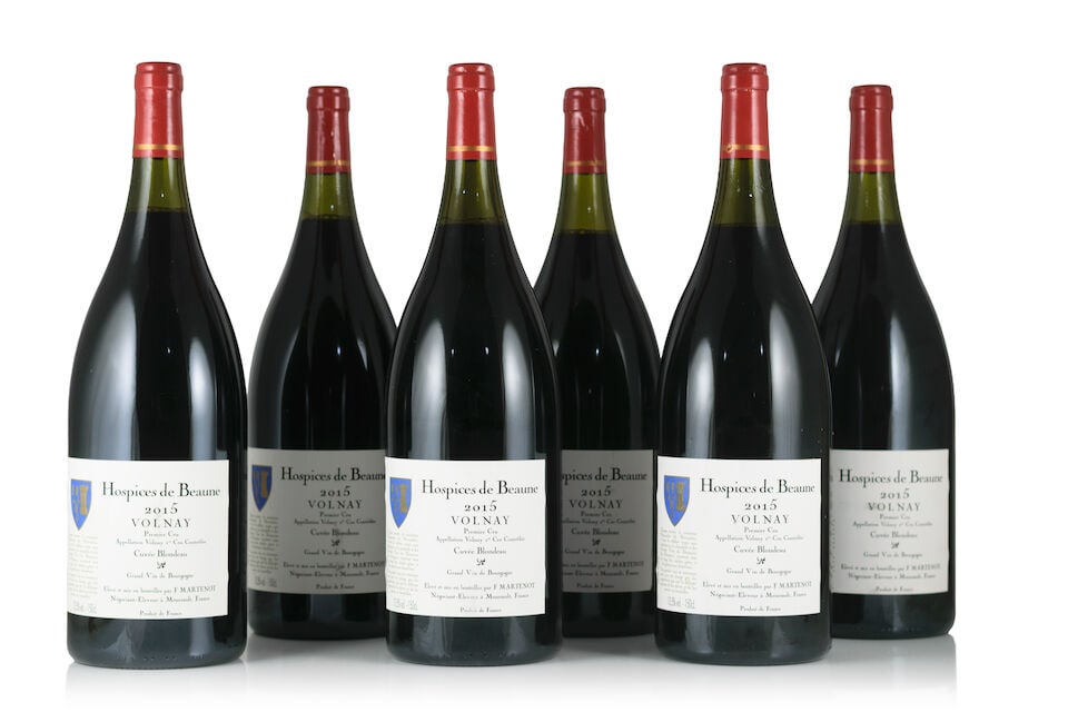 François Martenot, Hospices de Beaune, Volnay 1er Cru Cuvée Blondeau, 2015 (6 x 1500ml): François Martenot, Hospices de Beaune, Volnay 1er Cru Cuvée Blondeau, 2015 (6 x 1500ml) Region: Côte de Beaune Label: 4 slightly rubbed labels Packaging: 2 x original wooden cases This